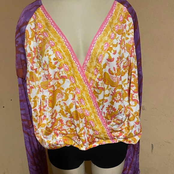 Free People Wrap Blouse in Orange and Yellow with Long Sleeves - Picture 10 of 14